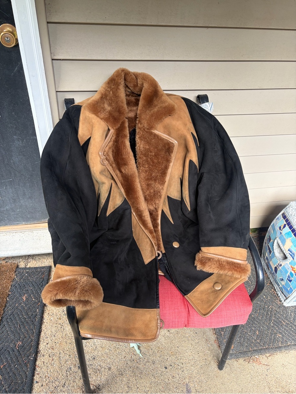Black and Brown Shearling Trim Suede Jacket